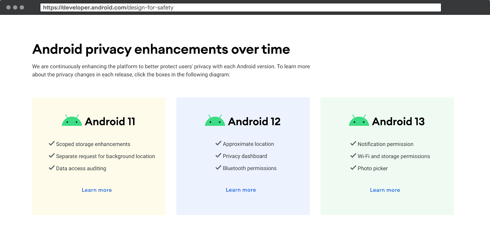 design for safety hub screenshot. The section about the Android changes timeline appears in the screenshot.