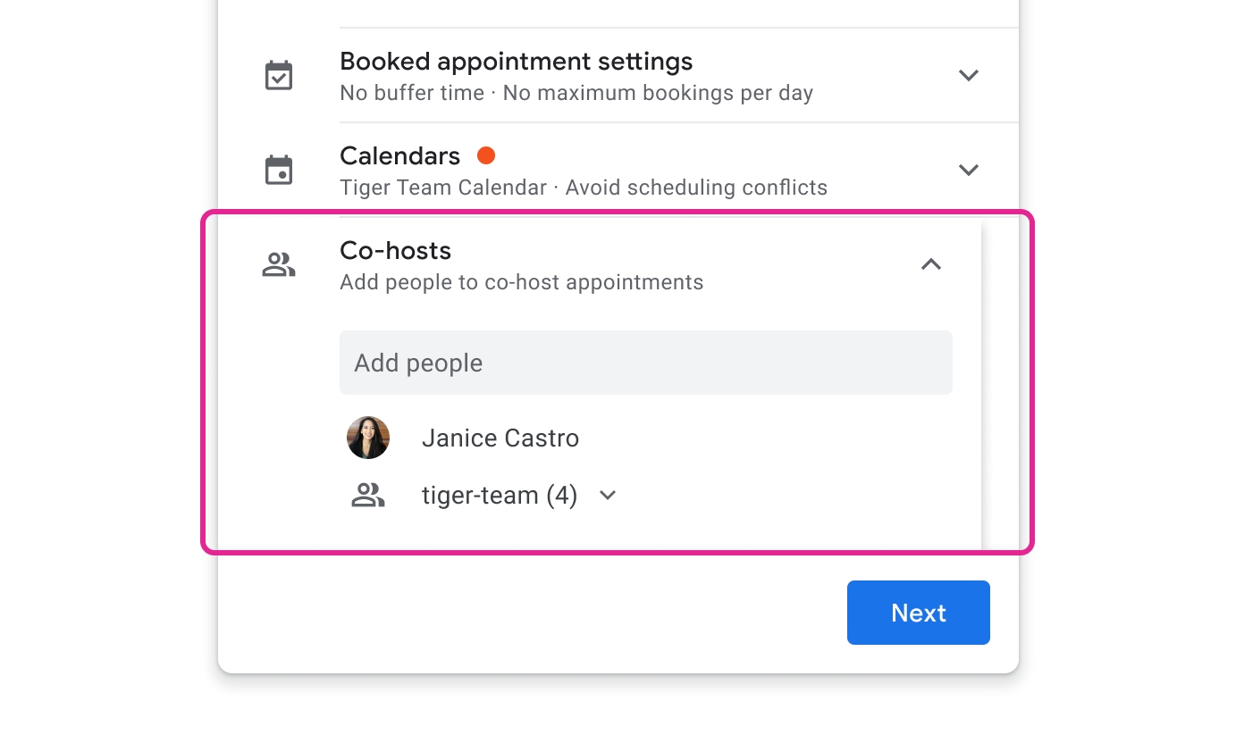 the appointment schedule creator can now add Google Groups as co-hosts during the setup