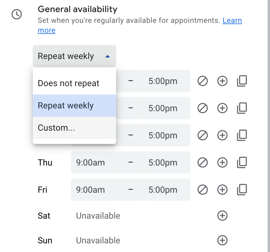 option to designate a custom weekly recurrence when creating an appointment schedule in Calendar