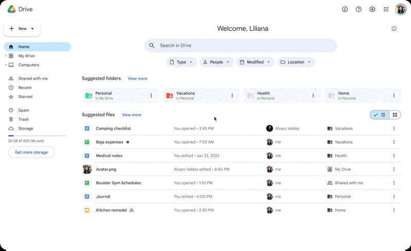 View your most relevant Google Drive folders and files on a single page