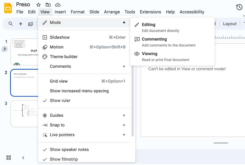 Switch between edit, view and comment mode in Google Slides