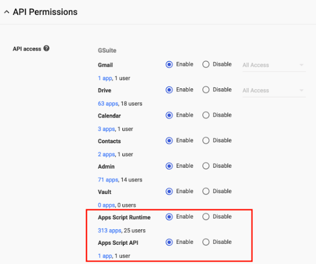 Novas permissões da API do G Suite no Admin console: tempo de execução do Apps Script e Apps Script API