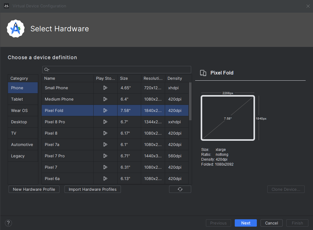 New Pixel Android Virtual Devices in the Android Emulator