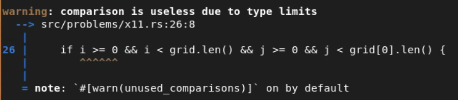 Image of code snippet showing error detection message for redundant comparison in Rust