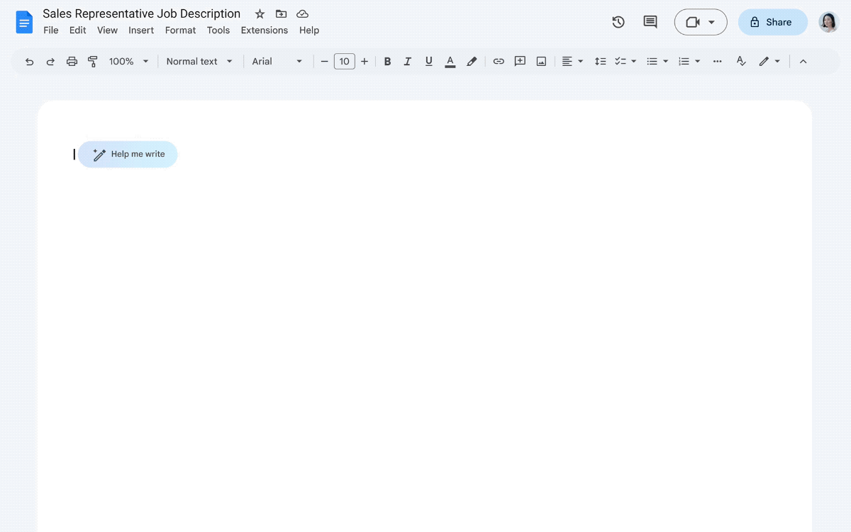 Duet AI in Docs helping to write a job description.