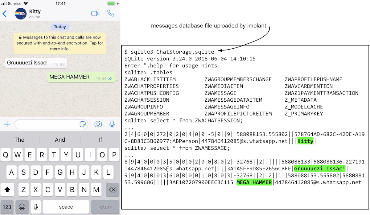 This image shows a screenshot of a chat session in whatsapp on the left with messages sent between two participants. At the top of the screen is a notification from whatsapp "Messages to this chat and calls are now secured with end-to-end encryption. Tap for more info."  On the right we can see an interactive session using the sqlite3 tool opening the ChatStorage.sqlite database file uploaded by the implant, listing the database tables then showing the raw message contents stored in the ZWAMESSAGE table.