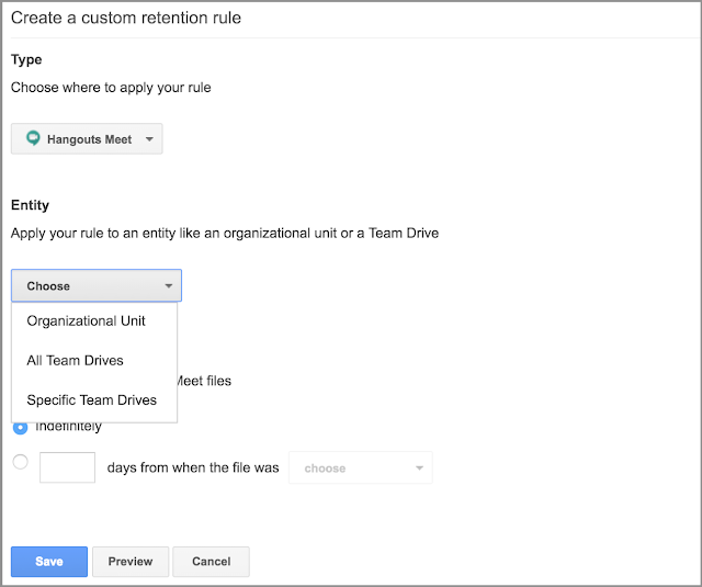 Criar uma regra de retenção personalizada para o Hangouts Meet