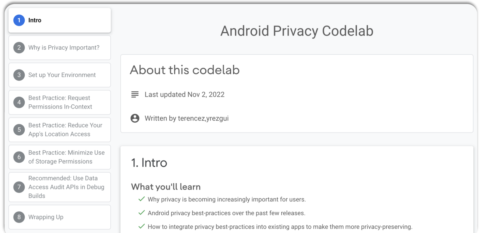 Android Privacy Codelab screenshot showing the steps and the intro page