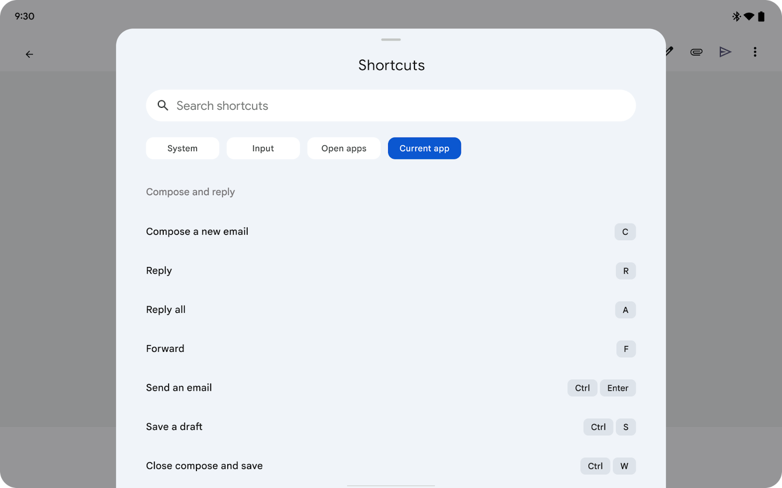 list of helpful keyboard shortcuts in the Gmail app and in the Chat app