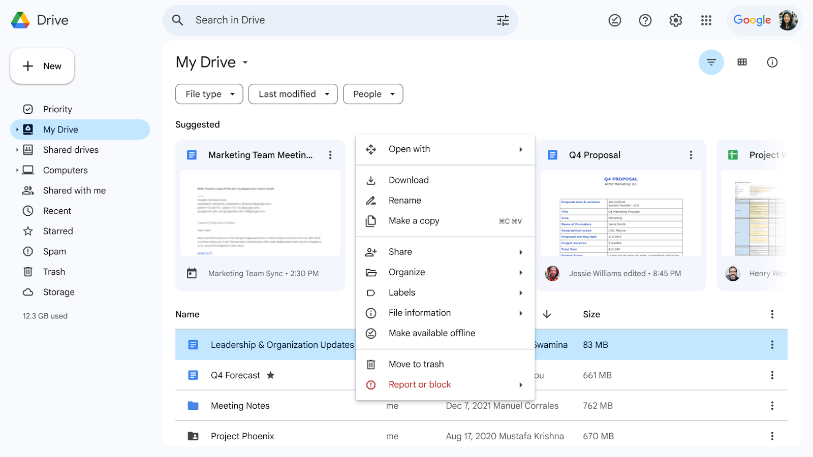 Reorganização do formato do menu do botão direito no Google Drive