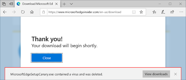 Downloading Edge Canary in Edge with AppLocker. Shows a bar that the download has been deleted because it's a virus.