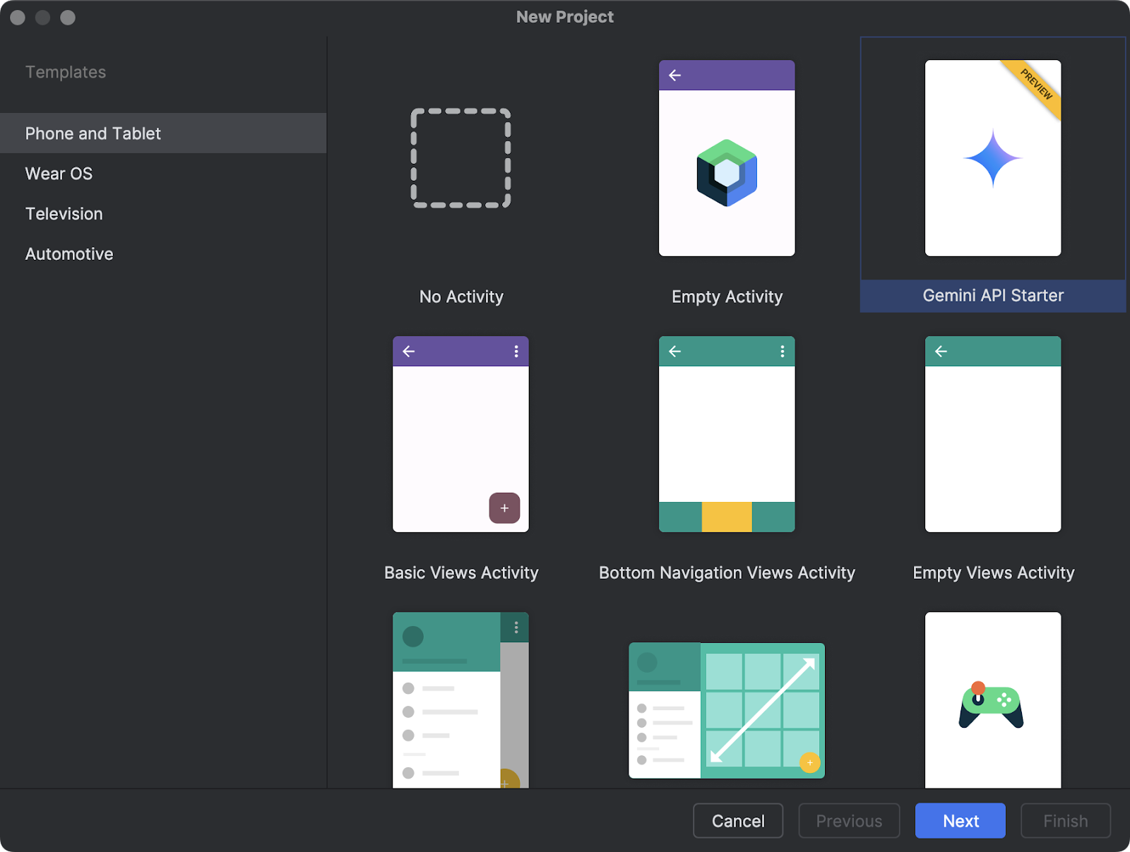 image of starter templates in Android Studio