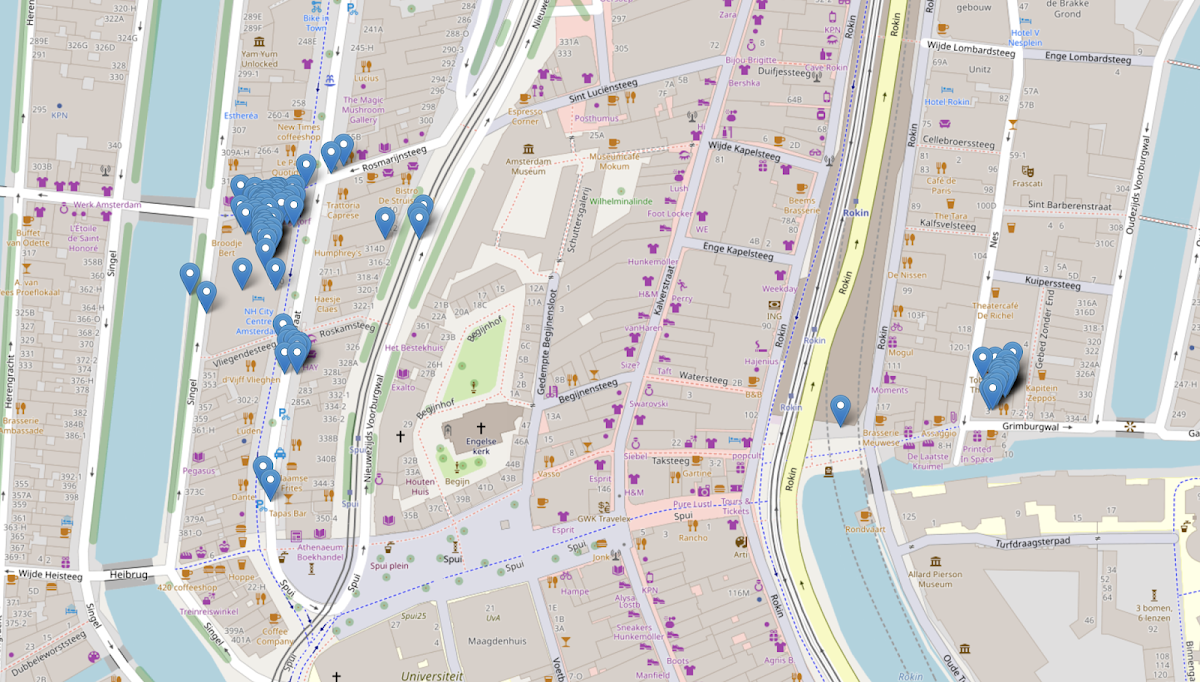 This image shows a map of the Rokin area of Amsterdam. There are map pins dropped for each location ping sent by the implant and received by the command-and-control server. The locations are grouped in to two clusters: on the left is the NH Hotel and the right is a theater. There are further pins dotted around the map making it pretty clear if you zoom in far enough that I went to the happy pig pancake restaurant, de koffiesalon cafe for some espresso, Humphrey’s Restaurant, Dante Kitchen and Bar and I also took the train from Rokin station.