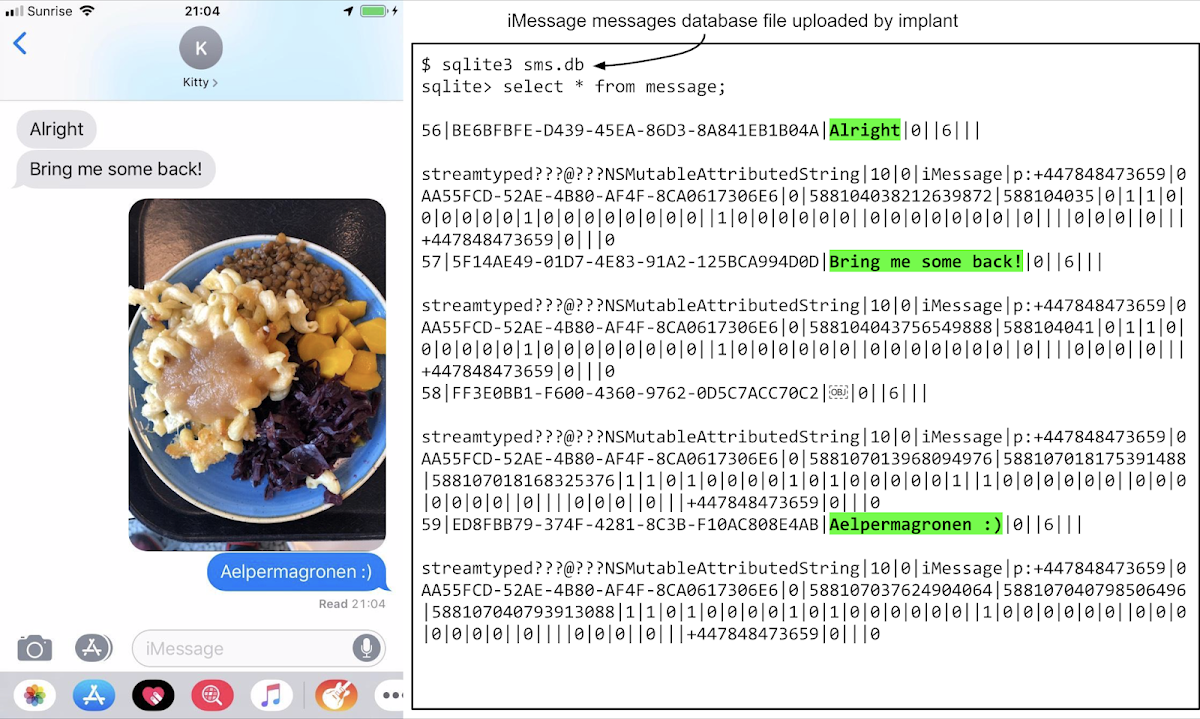 this image contains screenshots of a chat session in iMessage on the left, with messages sent between two participants. They appear to be discussing their dinner, which is a plate of Aelpermagronen. On the right we can see an interactive session using the sqlite3 tool to dump the messages table from sms.db uploaded by the implant. It clearly contains the plain-text of the messages sent by both participants.