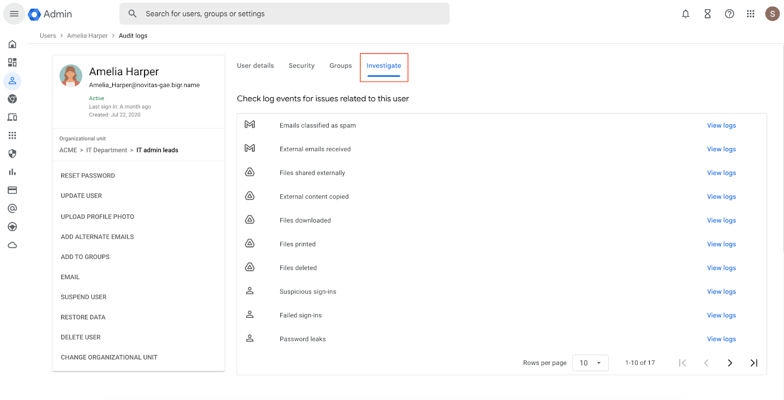 Simplified troubleshooting of user issues in the Admin console