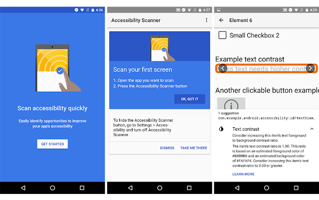 Example screens from accessibility scanner