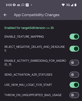 App compatibility toggles in Developer Options on Android 15