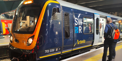 A blue SWR train awaiting departure with the name Arterio printed on the side