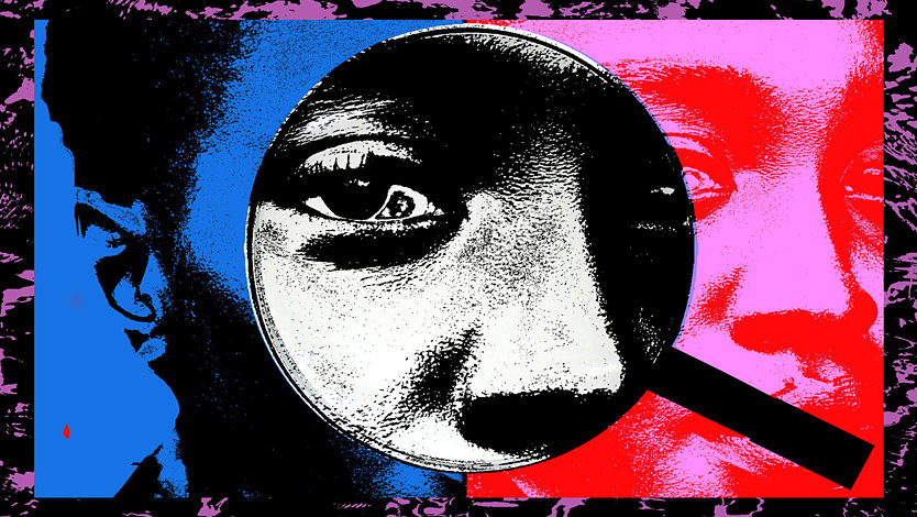 A magnifying glass looks for clues in a highly processed photograph of a Black face. The colors are intentionally jarring