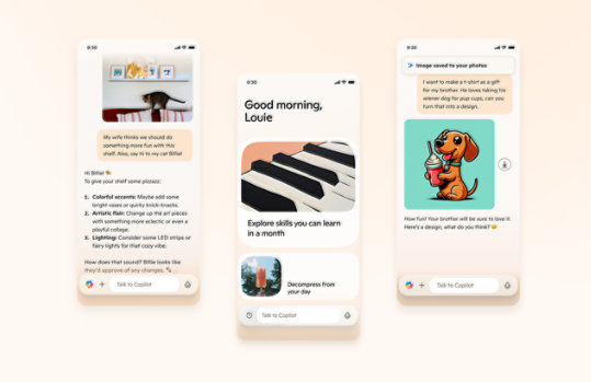 Tři snímky obrazovky z aplikace Copilot