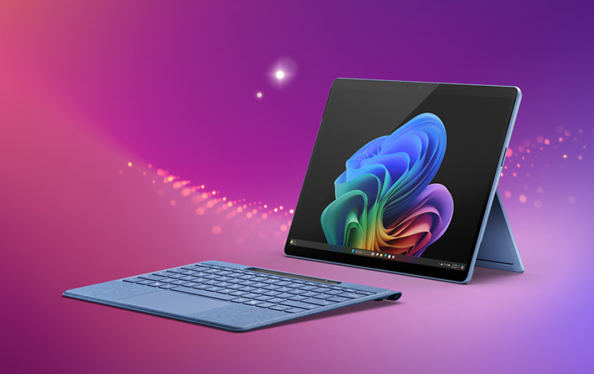 A sapphire Surface Pro, Copilot+ PC, with a sapphire flex keyboard.