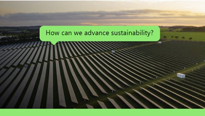 A vast field of solar panels under a sunset sky, with the text "How can we advance sustainability?" displayed.