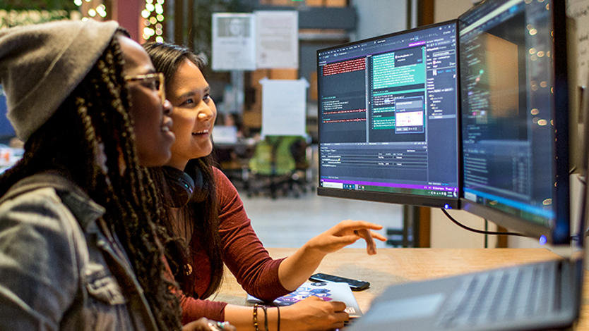 Two female developers working and collaborating in an enterprise office.