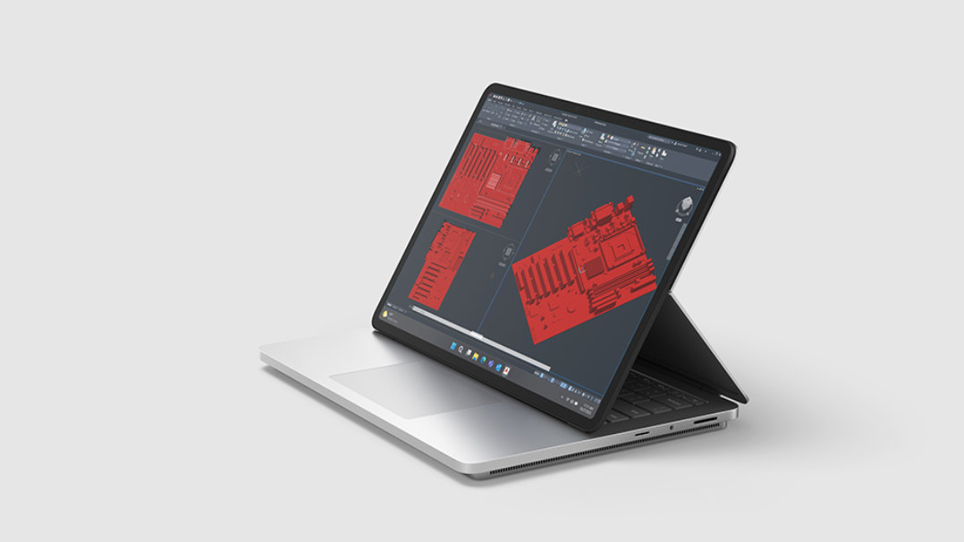 Surface Laptop Studio 2 in studiomodus met Revit-app op het beeldscherm