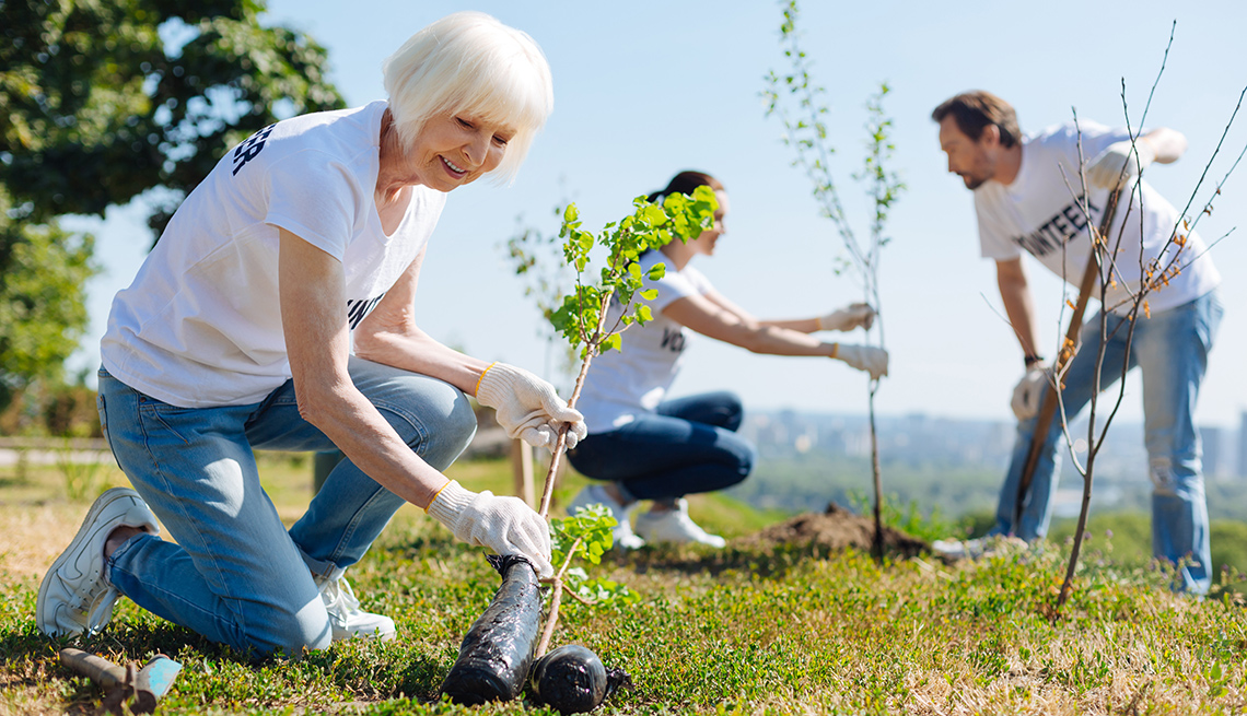 Mature woman planting a tree