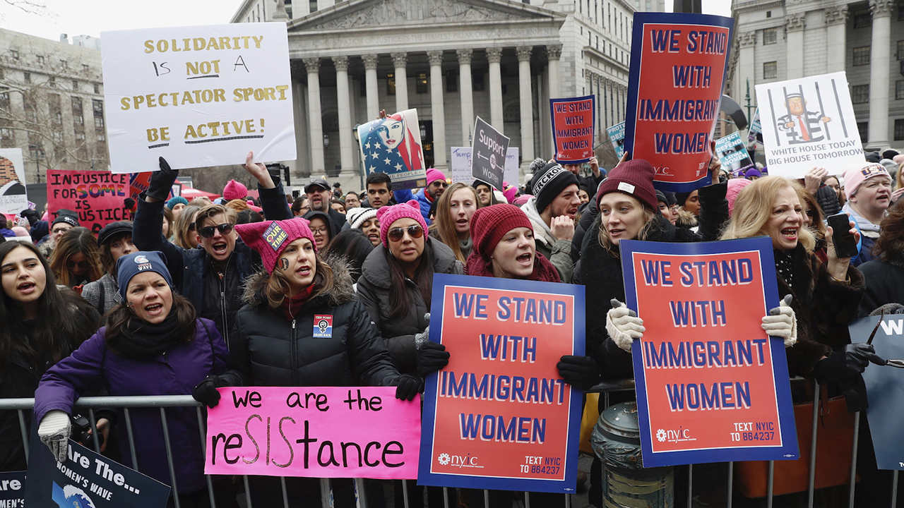 Participants take part in a women's rally in lower Manhattan on Saturday, Jan. 19, 2019 in New York.