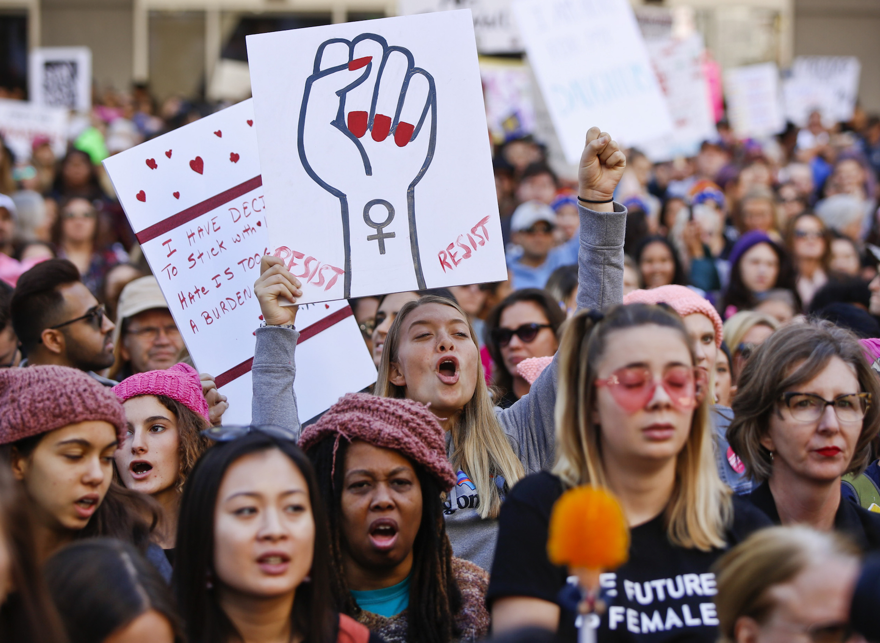 Demonstrators rally at Pershing Square during the Women's March in Los Angeles on Saturday, Jan. 19, 2019.