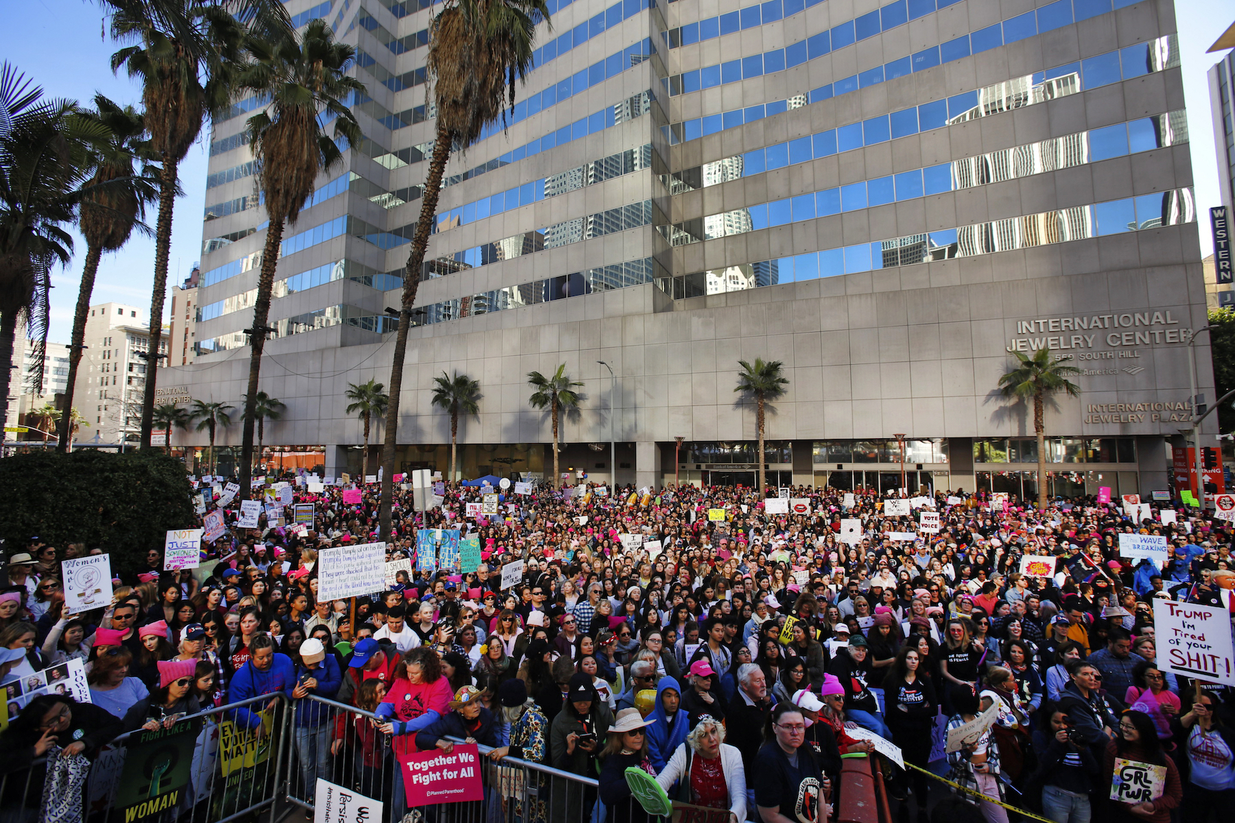 Demonstrators gather at Pershing Square during the start of the Women's March in Los Angeles on Saturday, Jan. 19, 2019.=