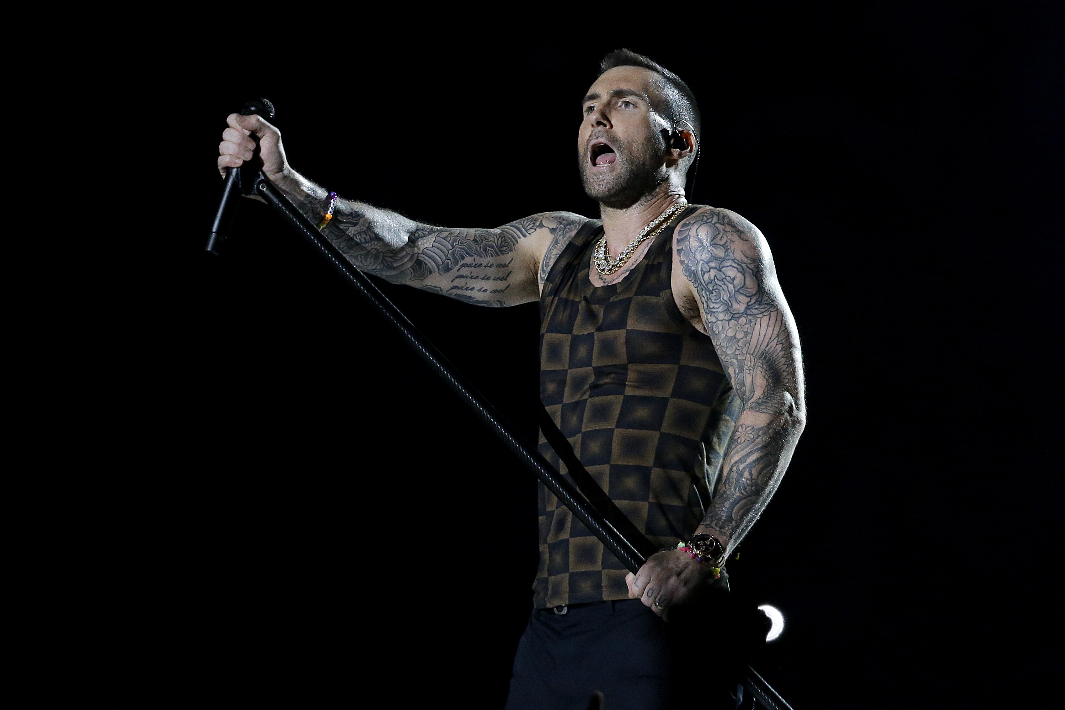 Adam Levine of Maroon 5 performs during halftime of the NFL Super Bowl 53 football game between the Los Angeles Rams and the New England Patriots Sunday, Feb. 3, 2019, in Atlanta.