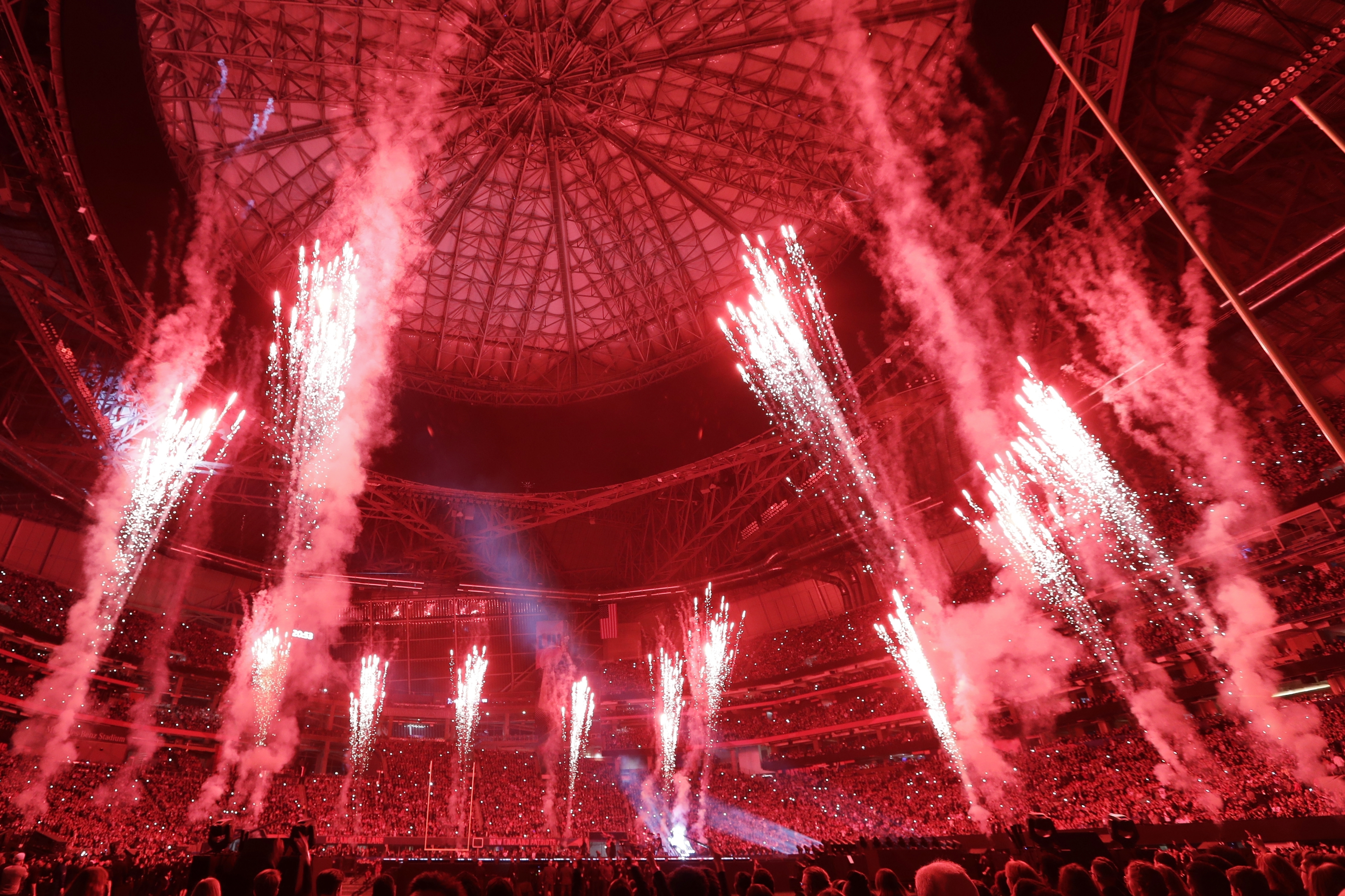 Fireworks go off during halftime of the NFL Super Bowl 53 football game between the Los Angeles Rams and the New England Patriots Sunday, Feb. 3, 2019, in Atlanta.