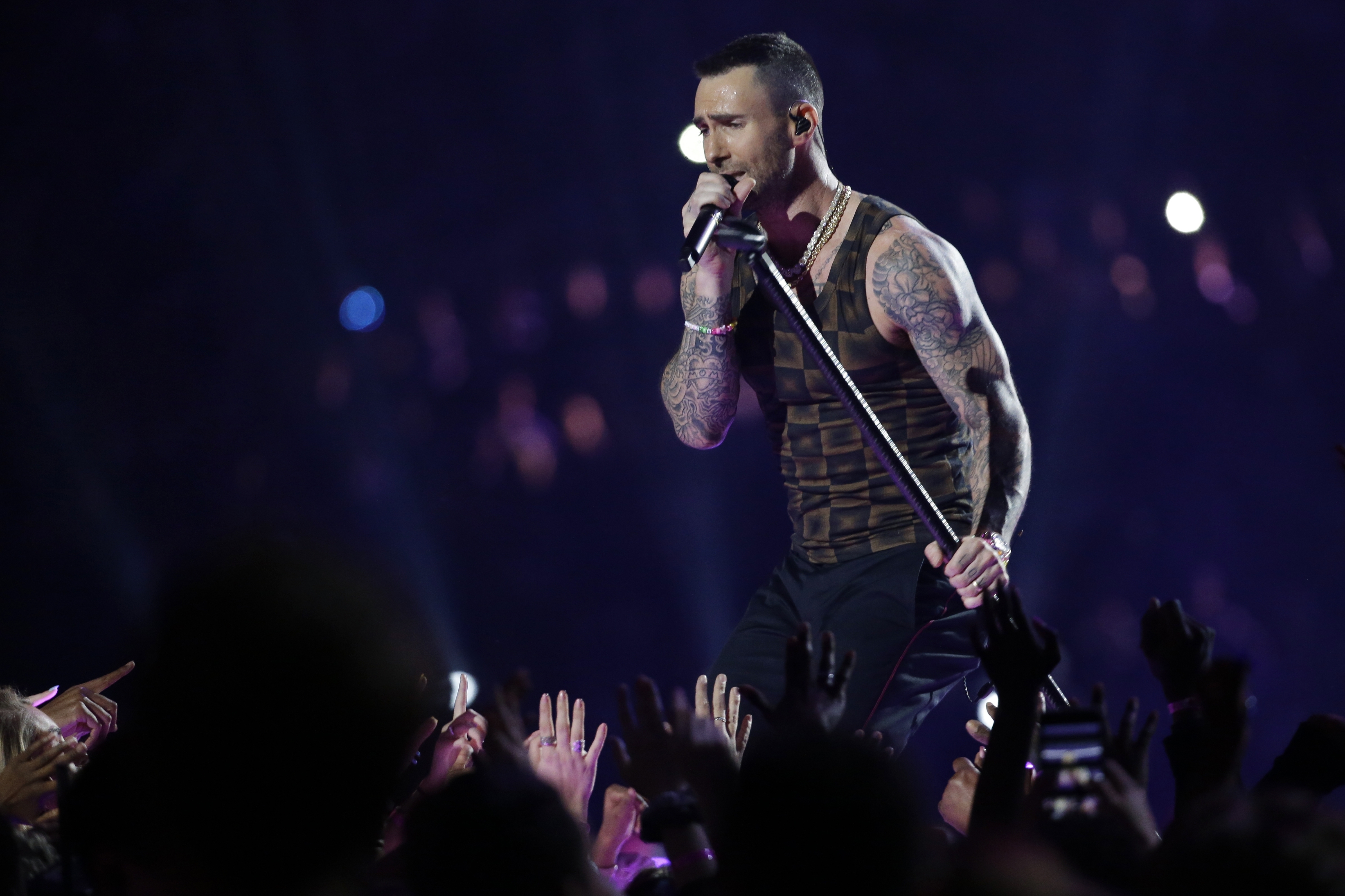 Adam Levine of Maroon 5 performs during halftime of the NFL Super Bowl 53 football game between the Los Angeles Rams and the New England Patriots Sunday, Feb. 3, 2019, in Atlanta.