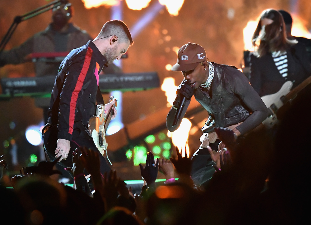 Adam Levine of Maroon 5 and Travis Scott perform during the Pepsi Super Bowl LIII Halftime Show at Mercedes-Benz Stadium on February 3, 2019, in Atlanta, Georgia.