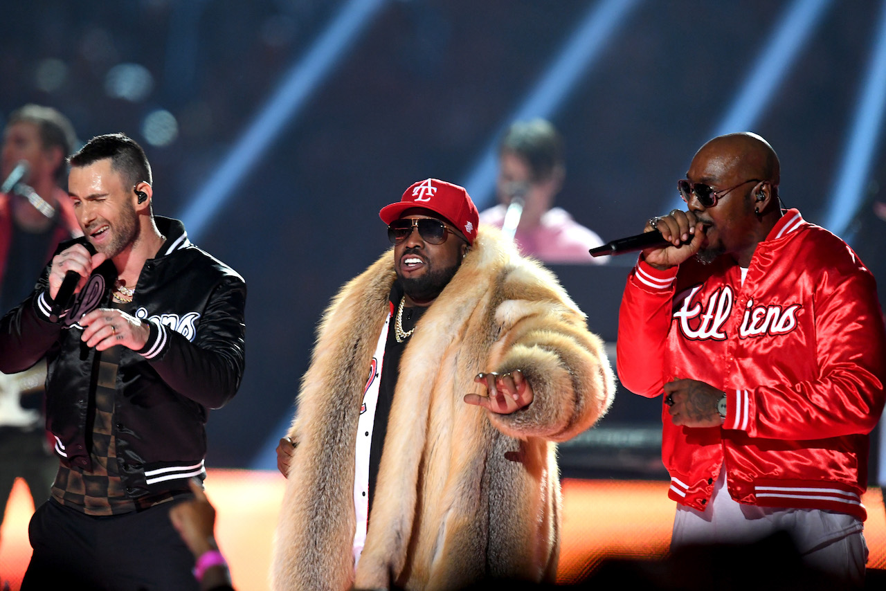 Adam Levine of Maroon 5, Big Boi, and Sleepy Brown perform during the Pepsi Super Bowl LIII Halftime Show at Mercedes-Benz Stadium on February 3, 2019, in Atlanta, Georgia.