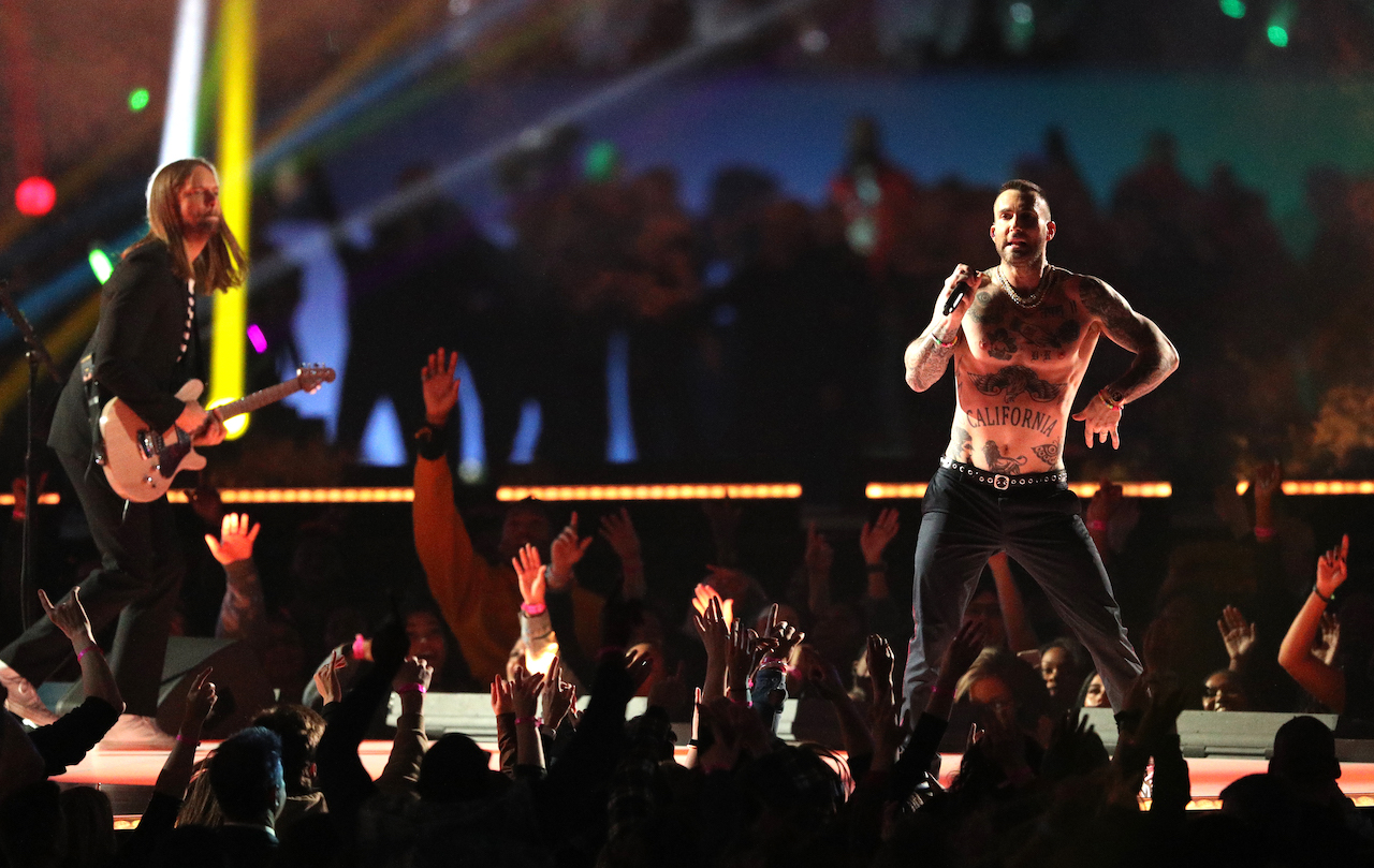 James Valentine and Adam Levine of Maroon 5 perform during the Pepsi Super Bowl LIII Halftime Show at Mercedes-Benz Stadium on February 03, 2019, in Atlanta, Georgia.