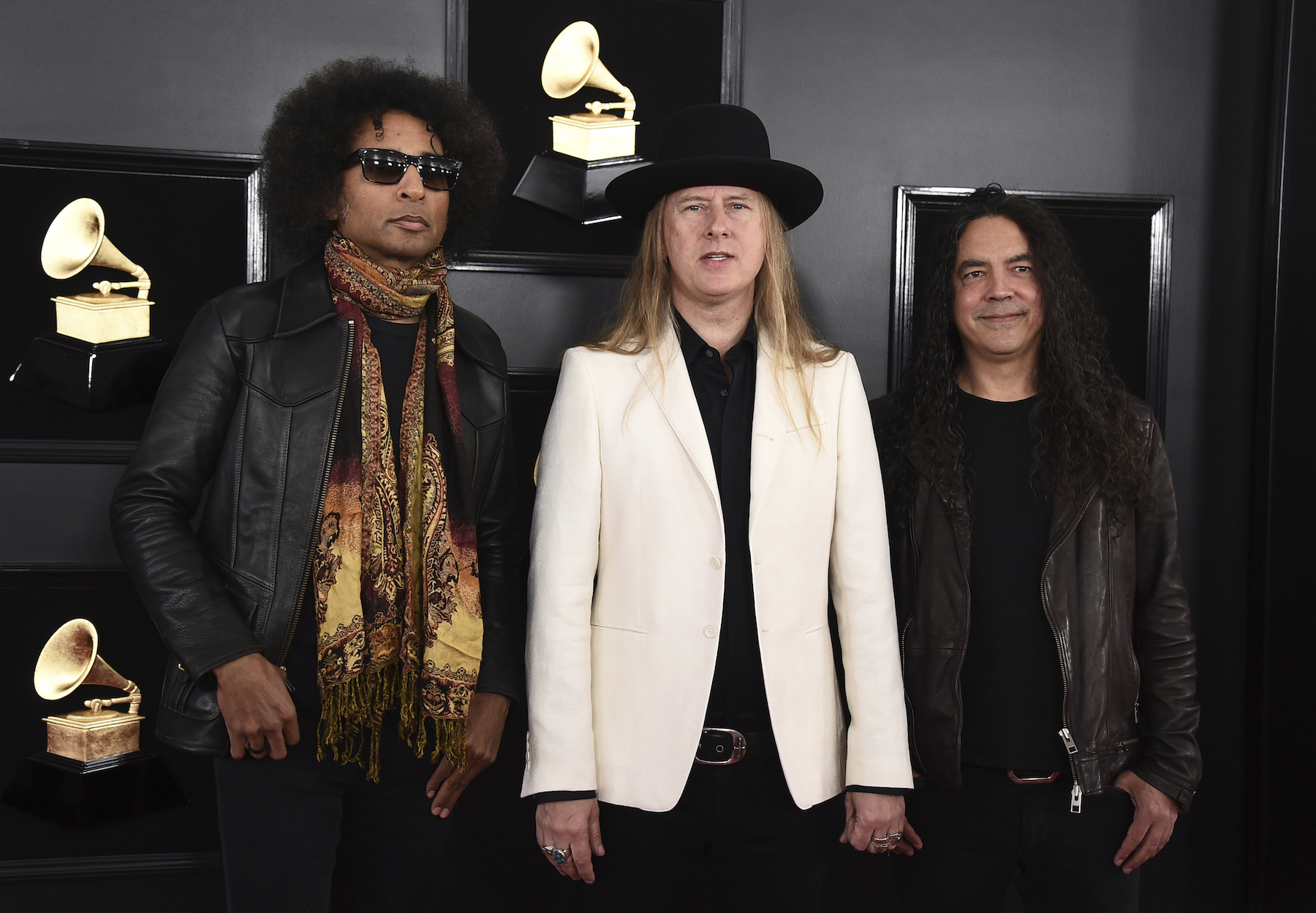 William DuVall, from left, Jerry Cantrell and Mike Inez of Alice in Chains arrive at the 61st annual Grammy Awards at the Staples Center on Sunday, Feb. 10, 2019, in Los Angeles.