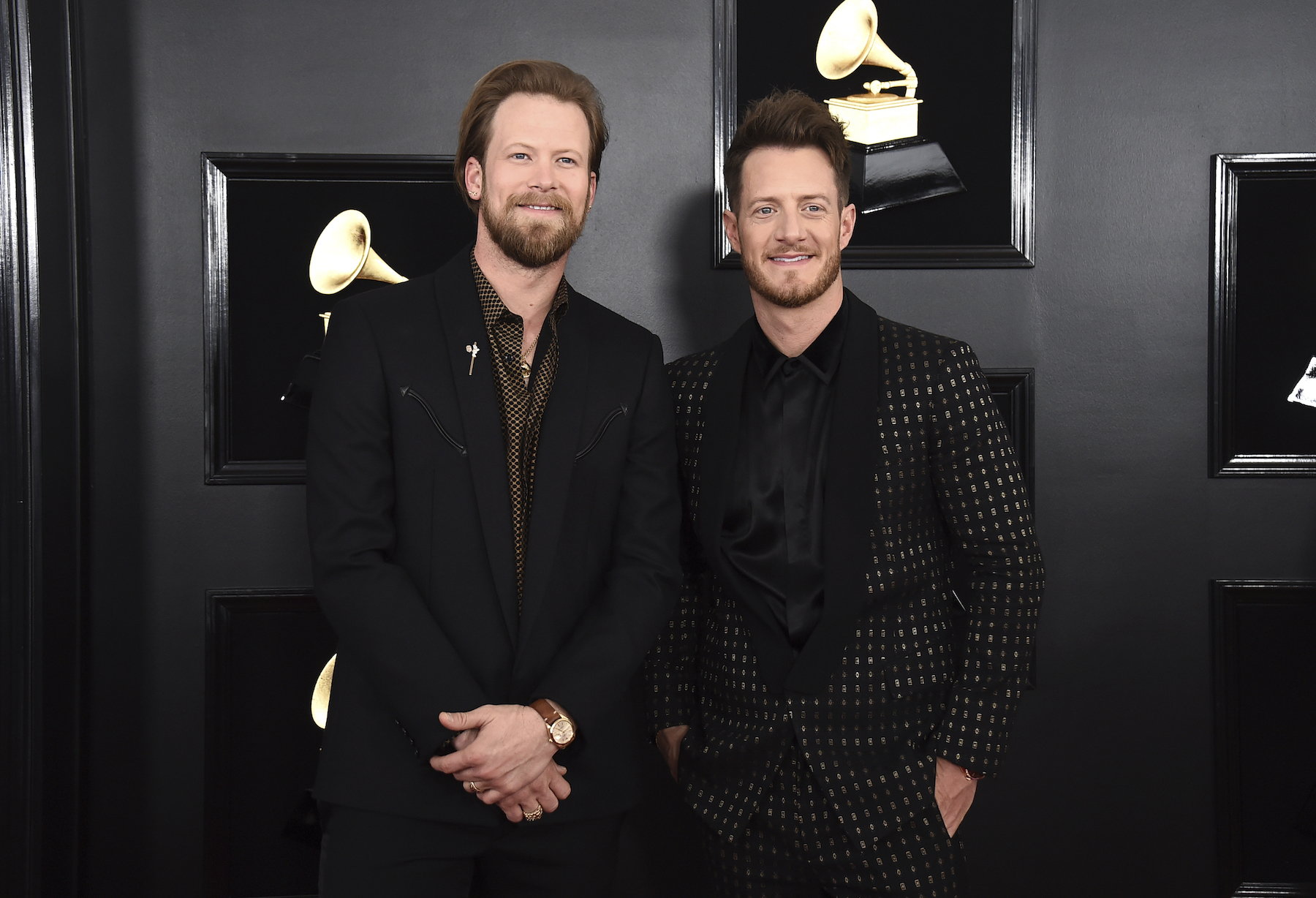 Brian Kelley, left, and Tyler Hubbard of Florida Georgia Line arrive at the 61st annual Grammy Awards at the Staples Center on Sunday, Feb. 10, 2019, in Los Angeles.