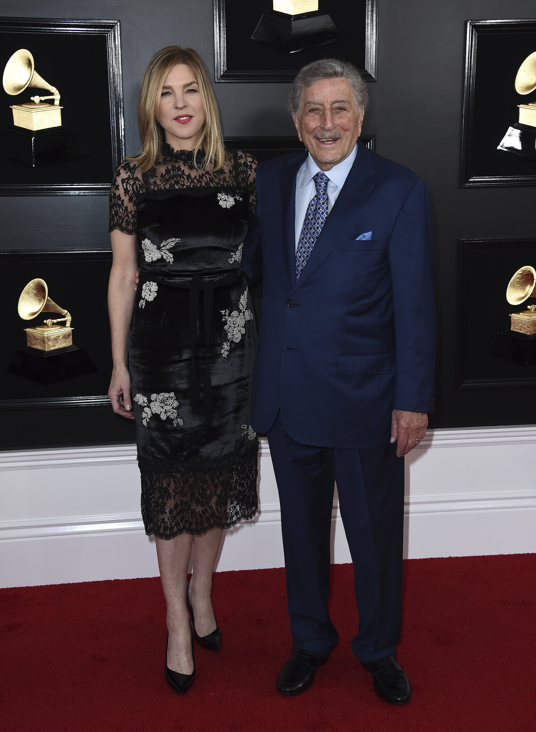 Diana Krall, left, and Tony Bennett arrive at the 61st annual Grammy Awards at the Staples Center on Sunday, Feb. 10, 2019, in Los Angeles.