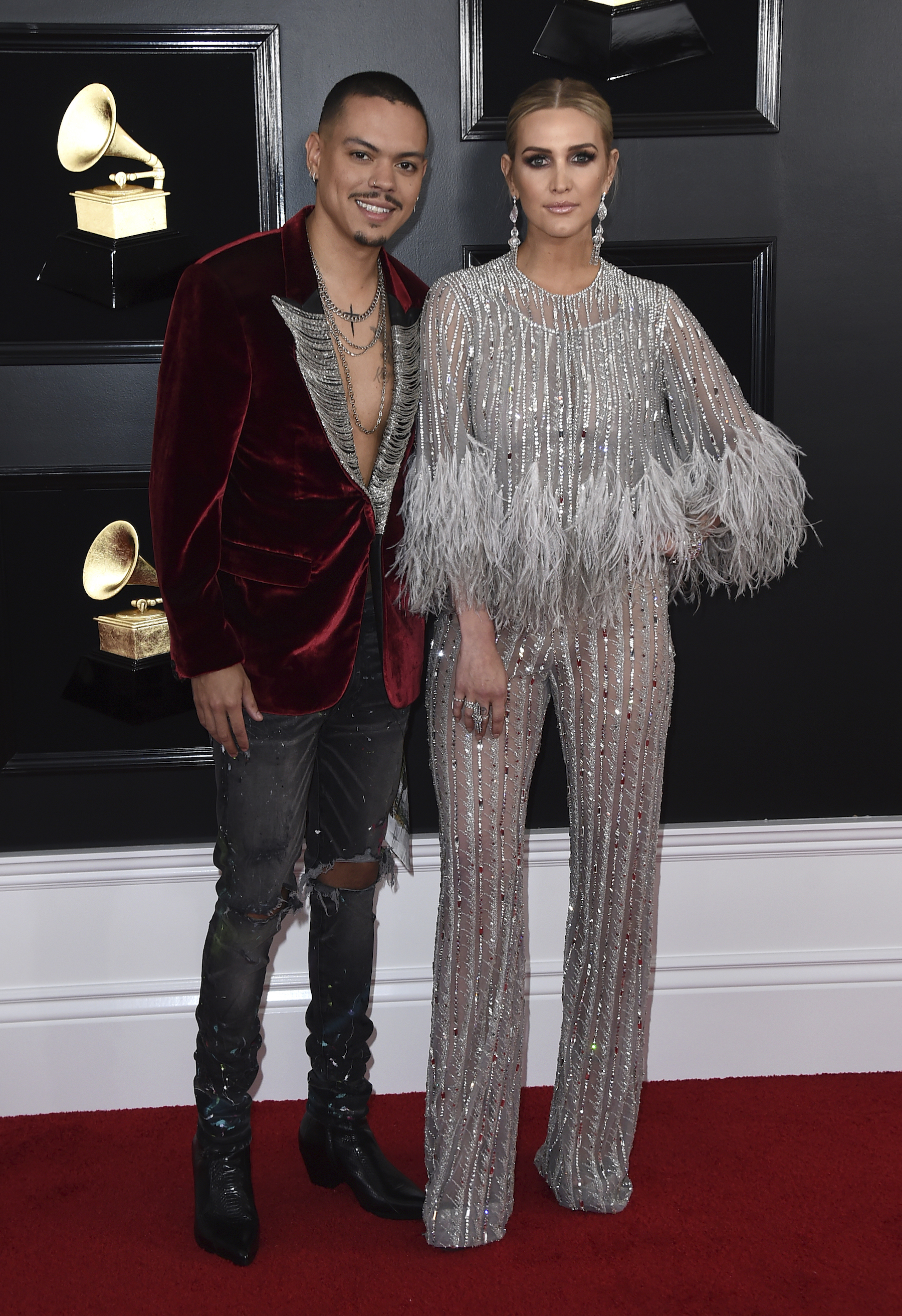 Evan Ross, left, and Ashlee Simpson arrive at the 61st annual Grammy Awards at the Staples Center on Sunday, Feb. 10, 2019, in Los Angeles.