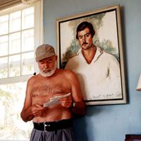 Ernest Hemingway at the Finca Vigia, San Francisco de Paula, Cuba, 1953. Ernest Hemingway American novelist and short-story writer, awarded the Nobel Prize for Literature in 1954.