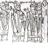 Pope Gregory VII, after his expulsion from Rome, laying a ban of excommunication on the clergy “together with the raging king” (Henry IV of Germany), drawing from the 12th-century chronicle of Otto of Freising; in the library of the University of Jena, Germany.