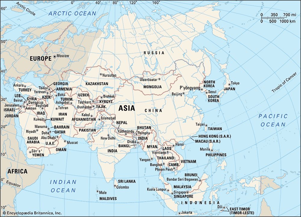 A map of the continent of Asia, including its countries, boundaries, and capital cities, as well as parts of Europe, Africa, and surrounding oceans.