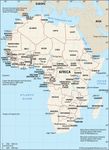 A map of the continent of Africa, including its countries, boundaries, and capital cities. It also shows parts of Europe and Asia and surrounding bodies of water, including the Atlantic Ocean, Mediterranean Sea, Red Sea, and Indian Ocean.