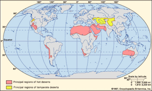 distribution of hot and temperate deserts