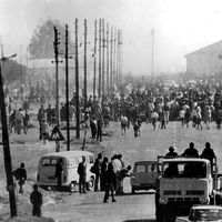 Part of the crowd of 10 000 who took part in today's bloody riots in Soweto, near Johannesburg. They were protesting against the use of Afrikaans in school teaching. 6/16/76