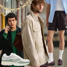 fashion collage of menswear-inspired trends for women including a canvas jacket, chain necklace, Umbro shorts with socks and loafers, Saucony Progrid Omni 9 Sneakers, and a street style photo of Giovanni Dario Laudicina in a beaded necklace, green sweater, and black coat