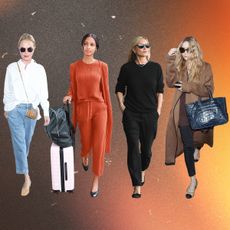 collage of celebrities wearing ballet flats at the airport including Kate Bosworth, Jasmine Tookes, Kate Moss, and Ashley Olsen